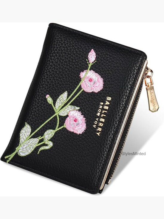 Handbags - Bifold Embroidery Flower RFID Blocking Wallet with Zipper Pocket